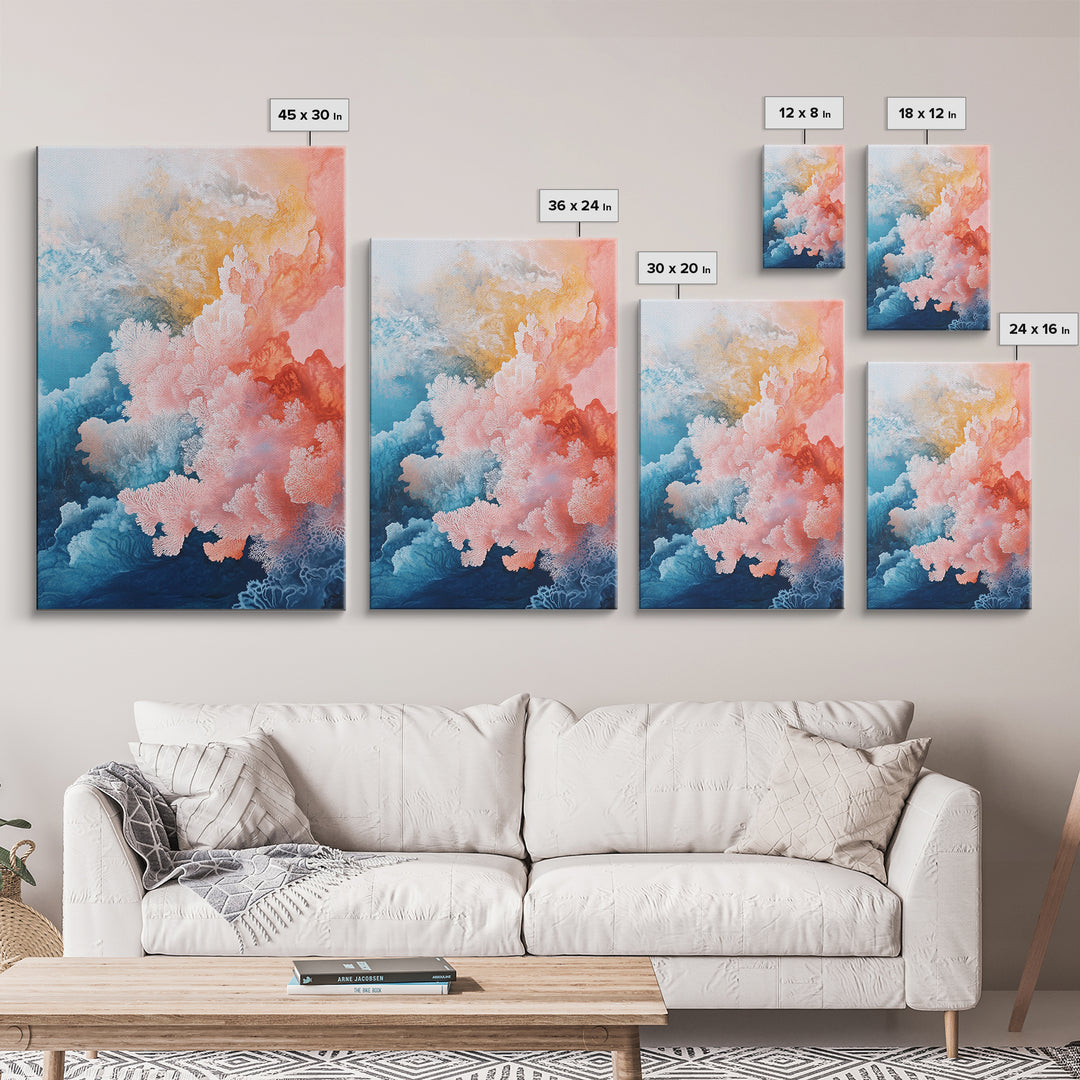 Coral Abstract, coastal landscape art, pink abstract art, botanical prints, nautical wall art, Framed Canvas Print, ocean-inspired decor