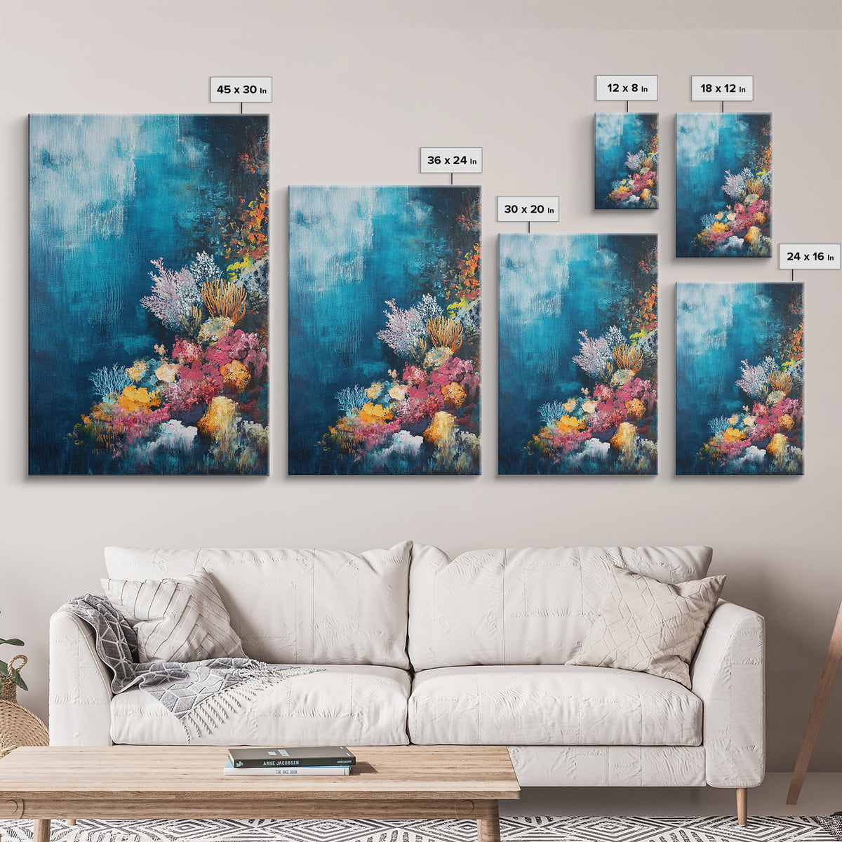 Deep Sea Coral, ocean painting, nautical decor, coastal wall art, blue and green wall art, above sofa art, Framed Canvas Print, gift idea