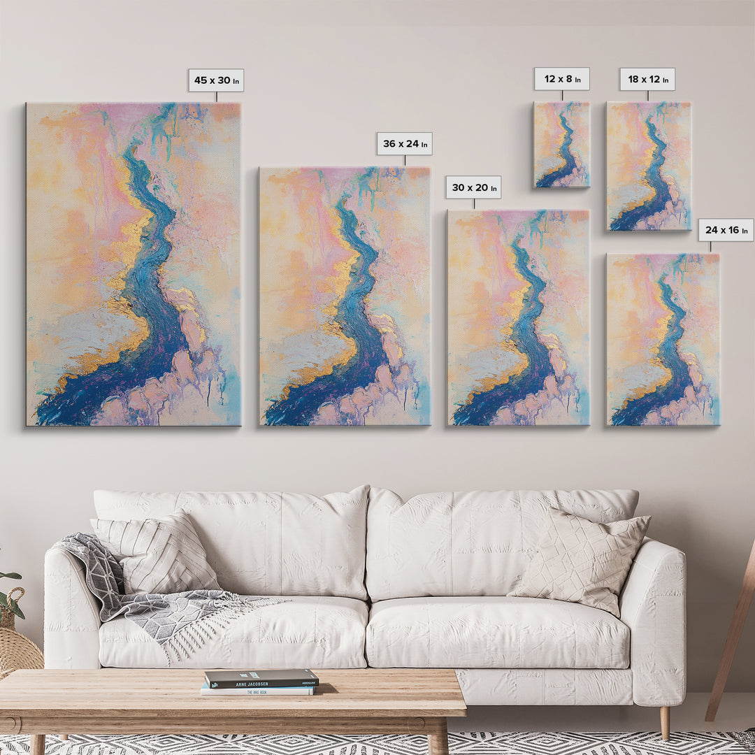 River Gold, gemstone painting, abstract landscape painting, pastel wall art, wabi sabi wall art, Framed Canvas Print, gift idea for her