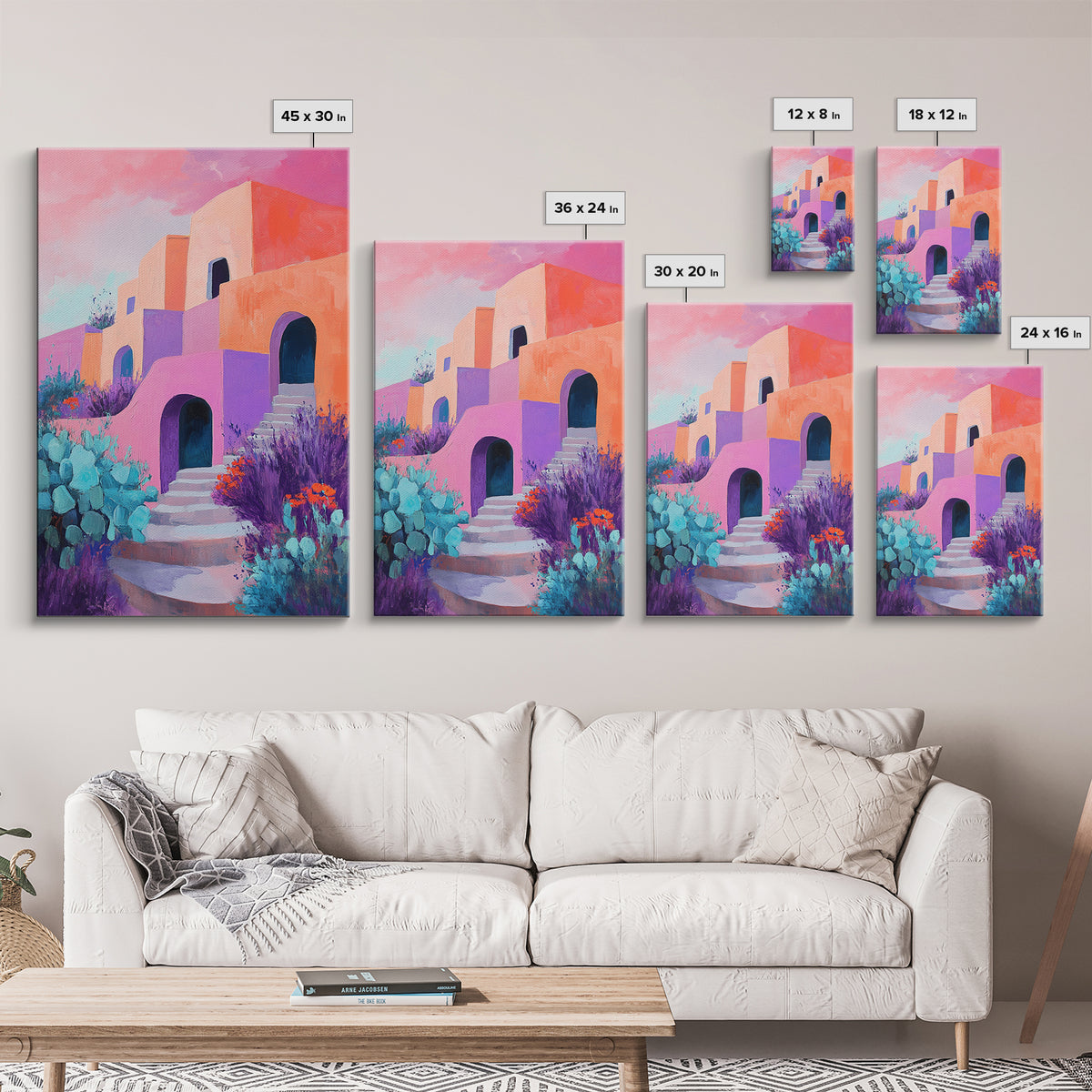 Desert House, Southwest Art, Colorful Adobe Painting, Boho Wall Art, Pink Orange Wall Art, Living Room Art, Framed Canvas Print