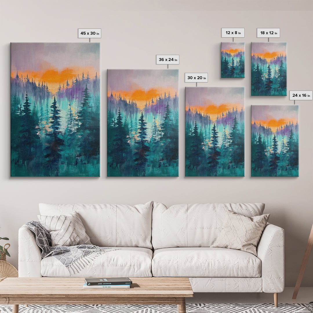 pine tree art, landscape painting, framed canvas print, mountain painting, forest at dusk painting, rustic wall art, gift idea