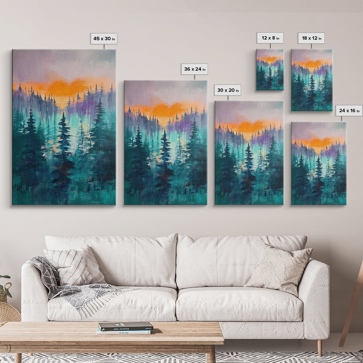 pine tree art, landscape painting, framed canvas print, mountain painting, forest at dusk painting, rustic wall art, gift idea