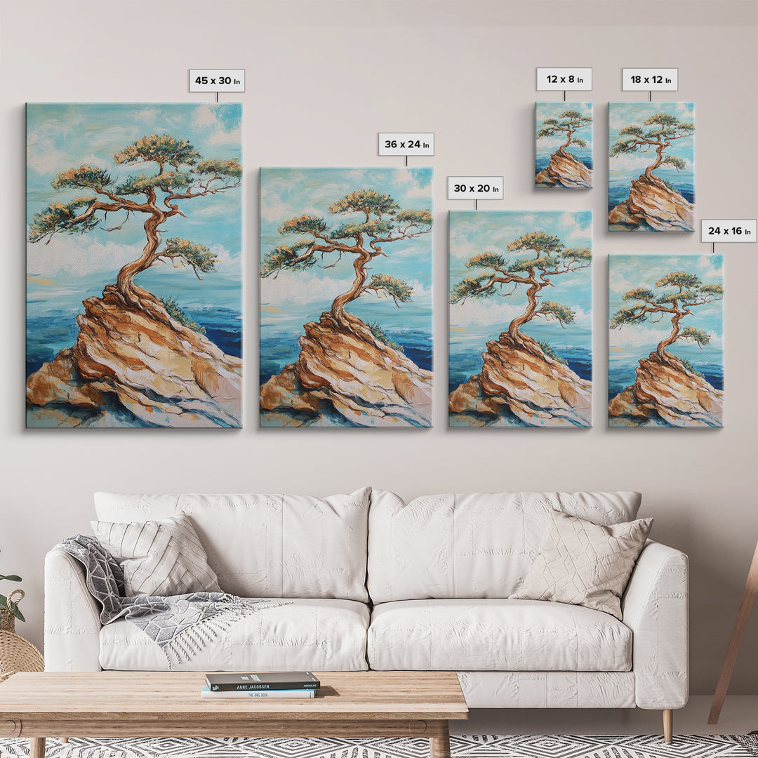 Bonsai Cliff, Pine Tree Art, Coastal Landscape Art, Nautical Decor, Coastal Wall Art, Canvas Print, Living Room Art, Gift Idea