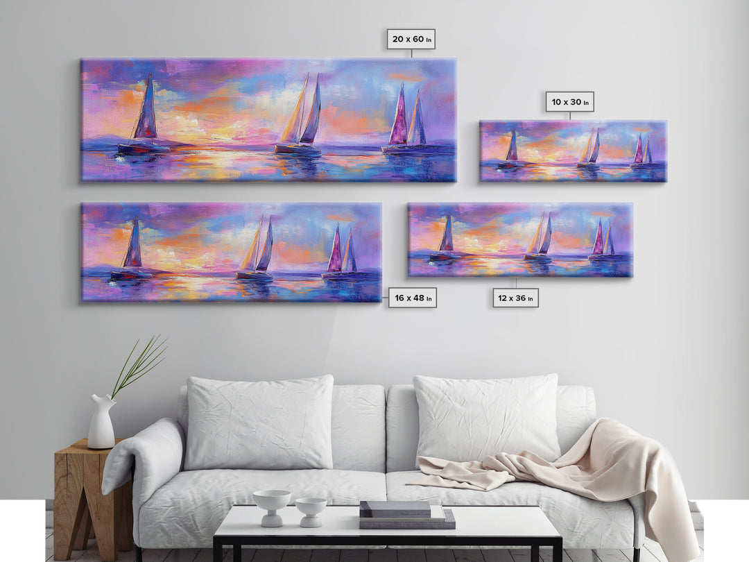 Sailboats at Sunset Framed Canvas Print Nautical Wall Art, Vibrant Ocean Painting, Coastal Home Decor, Large Living Room Artwork
