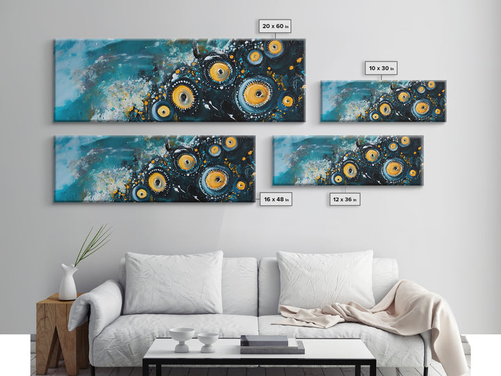 Abstract Cosmic Eye Painting, Modern Celestial Art, Blue and Gold Surreal Wall Decor, Unique Living Room, Framed Canvas Print