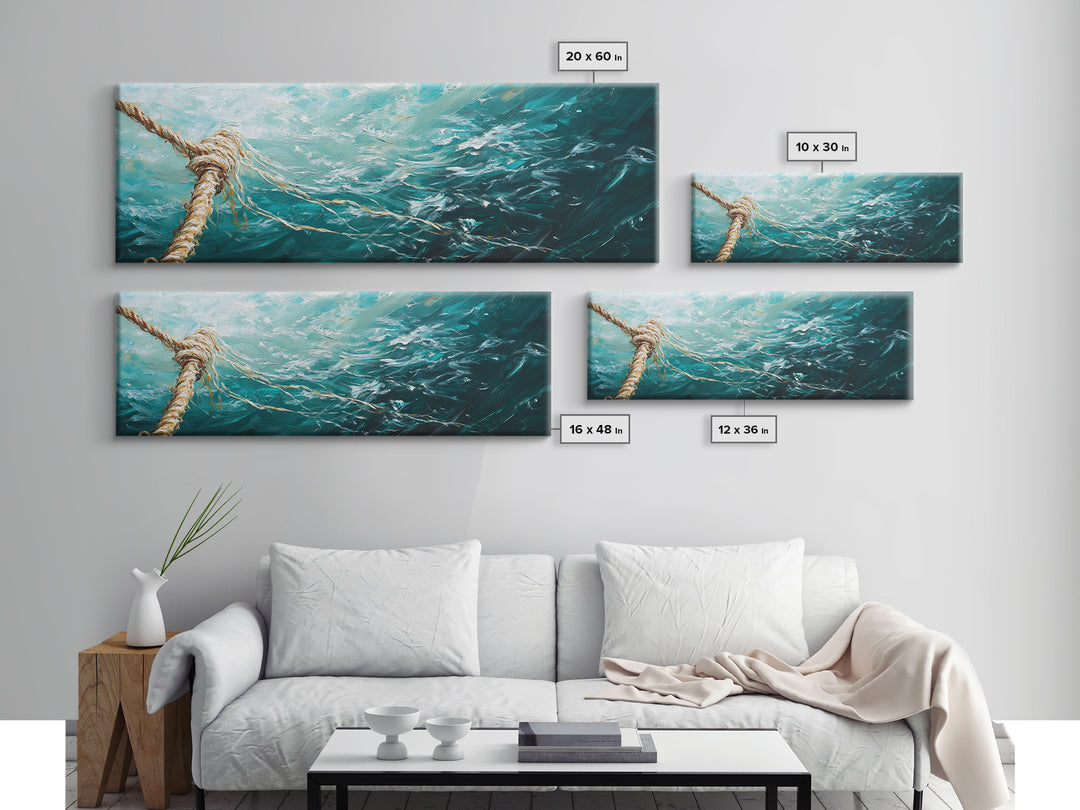 Ocean Rope Waves Canvas Print Nautical Wall Art Beach House Decor Coastal Blue Artwork Framed Seascape Living Room Wall Art