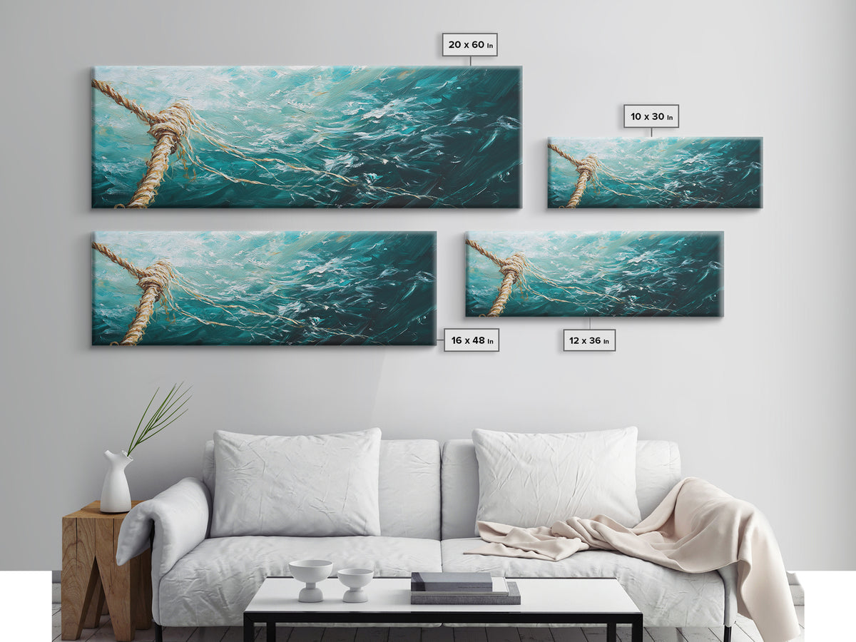 Ocean Rope Waves Canvas Print Nautical Wall Art Beach House Decor Coastal Blue Artwork Framed Seascape Living Room Wall Art