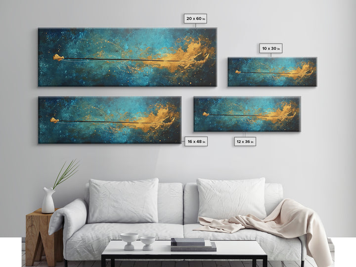 Cosmic Fishing Line Canvas Print Abstract Space Wall Art Gold and Blue Modern Artwork Celestial Decor Living Room Framed Art