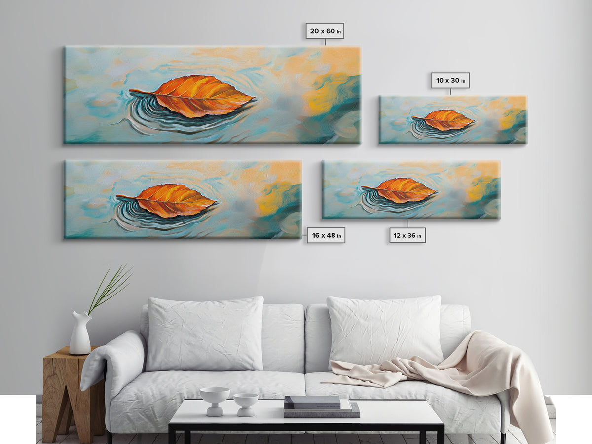 Autumn Leaf Water Ripples Canvas Print Fall Wall Art Nature Inspired Artwork Boho Home Decor Framed Minimalist Modern Print