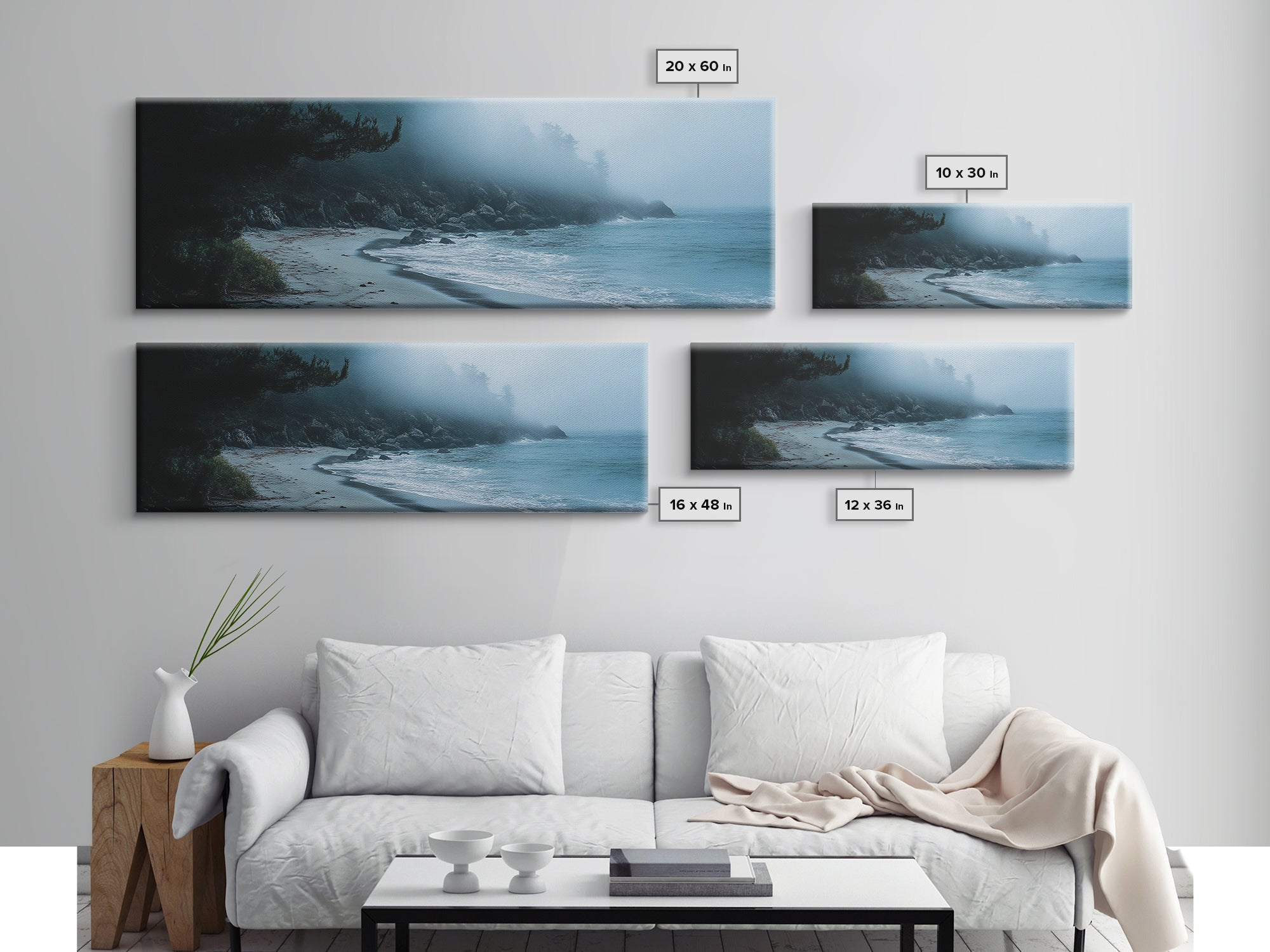 Foggy Beach Framed Canvas Print Moody Coastal Wall Art, Ocean Mist Seascape, Minimalist Nature Print, Tranquil Living Room Decor