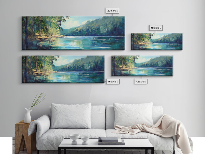 River Valley Framed Canvas Print Tranquil Nature Wall Art, Lush Green Landscape, Summer Cabin Artwork, Rustic Living Room Decor