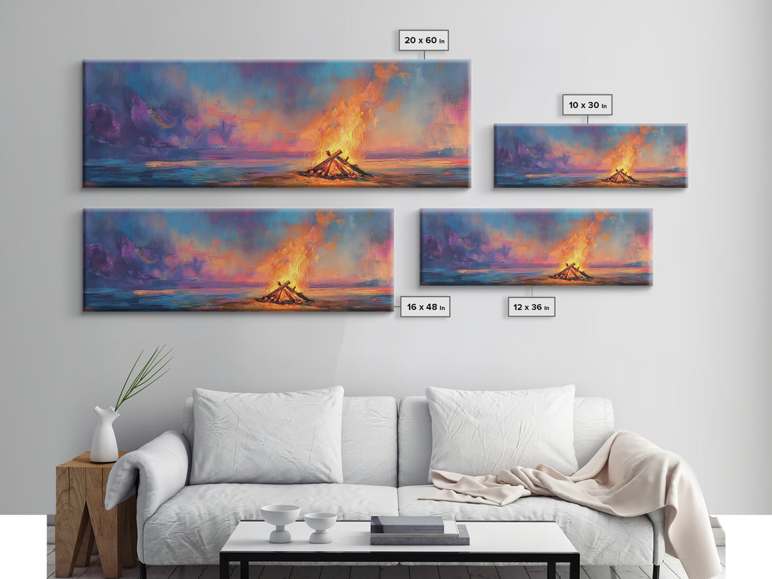 Beach Bonfire Sunset Painting, Vibrant Coastal Seascape Art, Ocean Night Sky Wall Decor, Warm Living Room, Framed Canvas Print