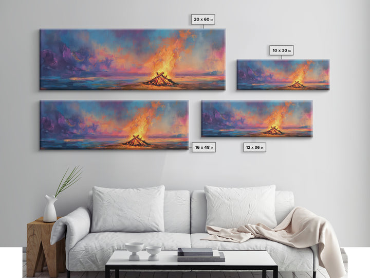 Beach Bonfire Sunset Painting, Vibrant Coastal Seascape Art, Ocean Night Sky Wall Decor, Warm Living Room, Framed Canvas Print