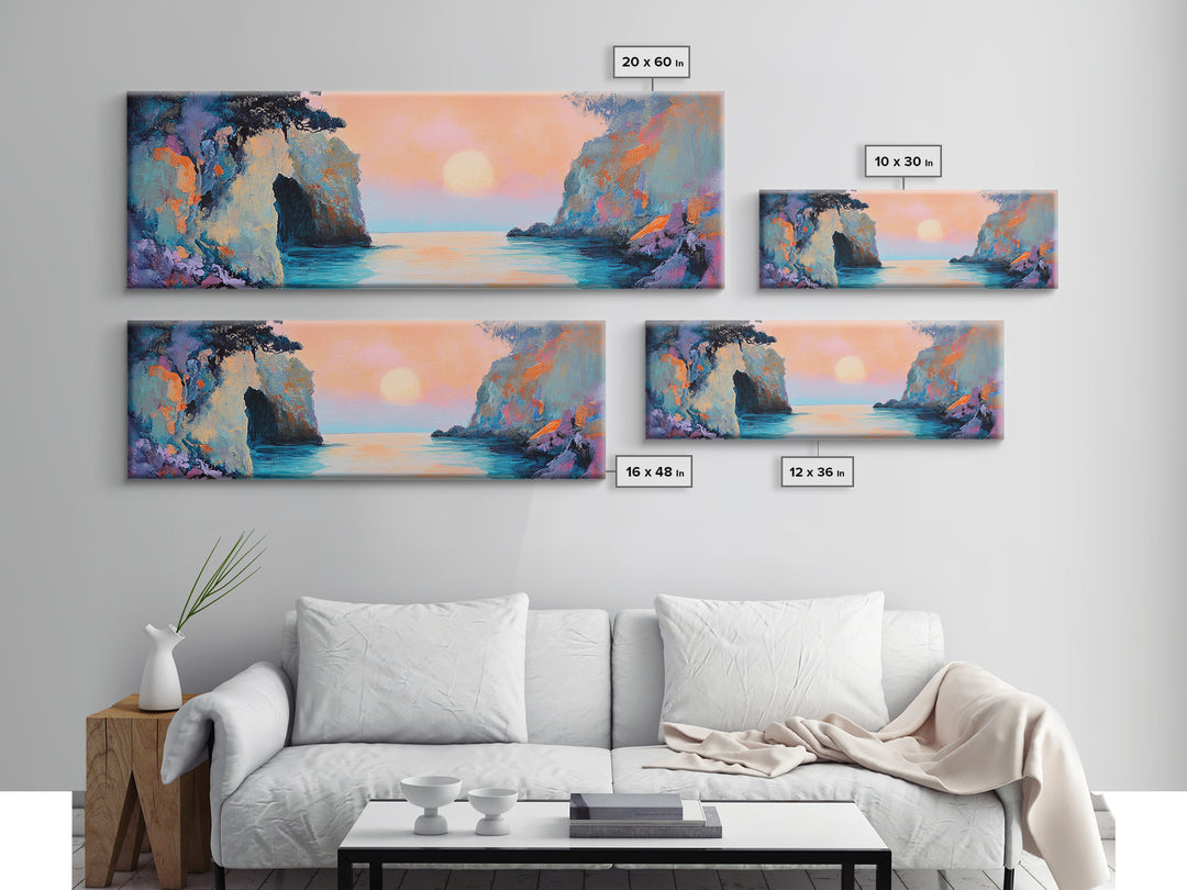 Romantic Sunset Bay Framed Canvas Print Coastal Landscape Wall Art Pastel Tones Boho Home Decor Bedroom Living Room Gift