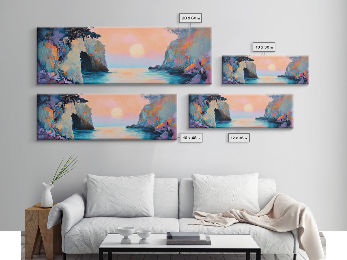 Romantic Sunset Bay Framed Canvas Print Coastal Landscape Wall Art Pastel Tones Boho Home Decor Bedroom Living Room Gift