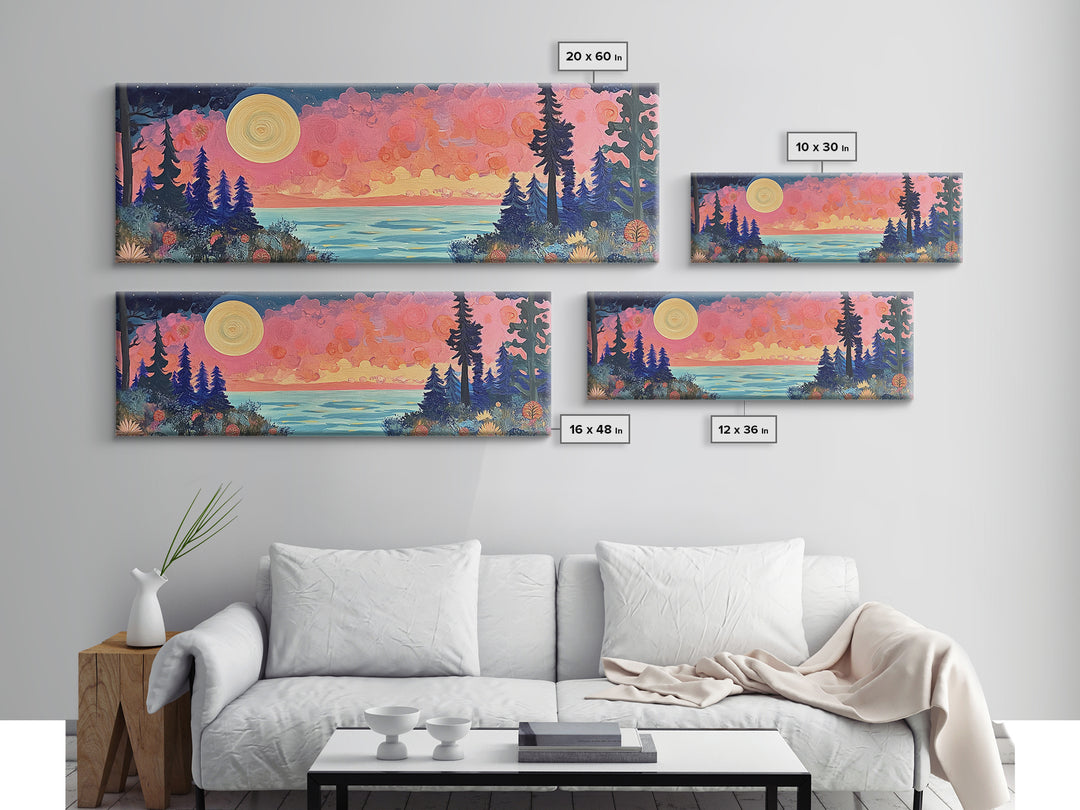 Mystical Moonlight Landscape Framed Canvas Print, Dreamy Forest Art, Boho Sunset Wall Art, Celestial Painting, Living Room Decor