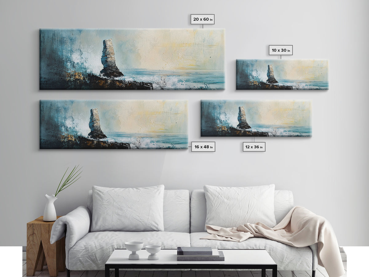 Dramatic Ocean Waves Framed Canvas Print, Moody Seascape Wall Art, Stormy Coastal Painting, Nautical Home Decor, Minimalist Art