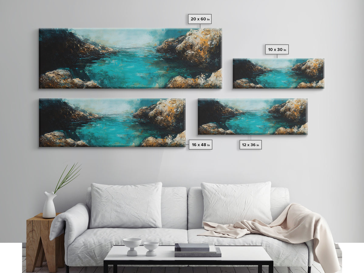 Rocky Cove Ocean Art Framed Canvas Print Textured Seascape Wall Decor Coastal Home Accent Nautical Painting Bedroom or Living Room Gift