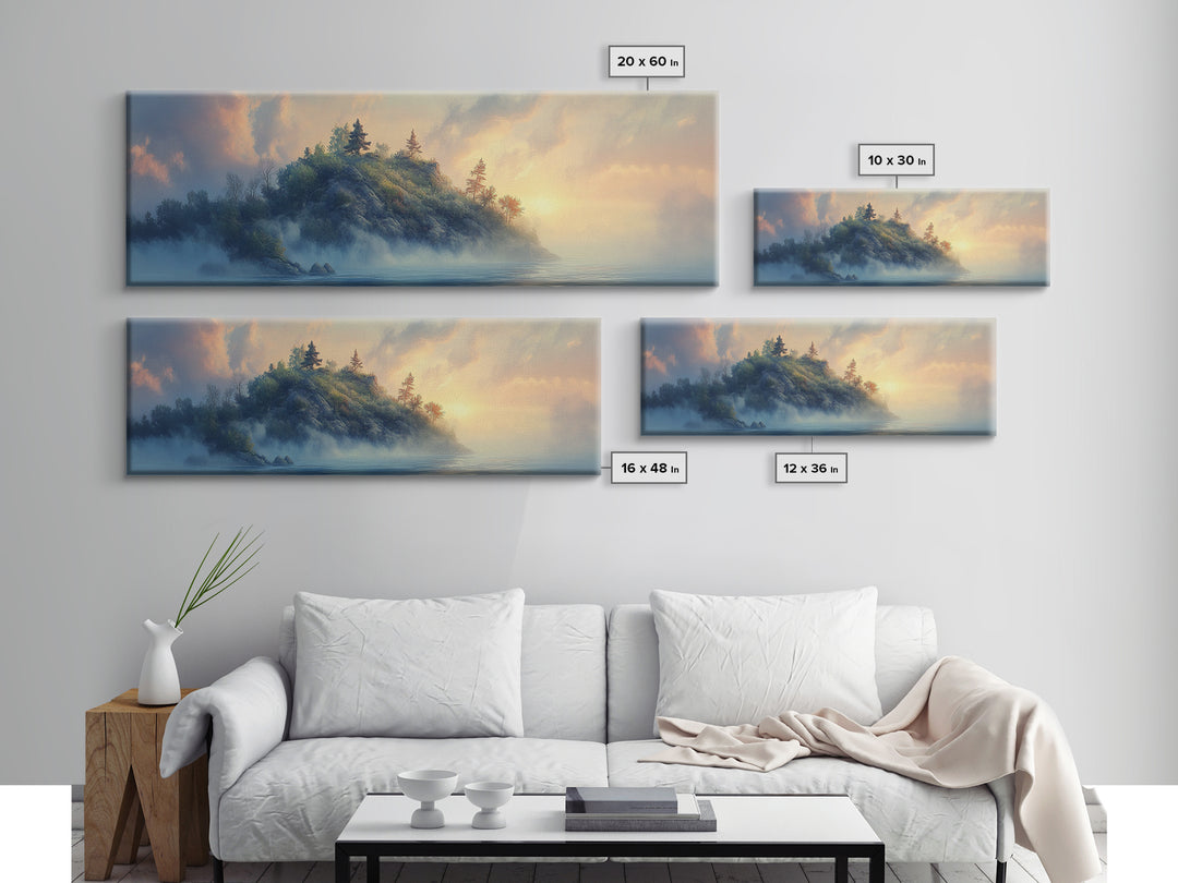 Misty Island Sunrise Canvas Print - Scenic Landscape Wall Art, Living Room Decor, Soft Light Artwork, Serene Home Office Art