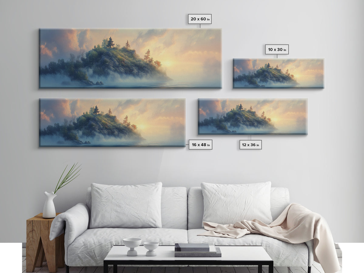 Misty Island Sunrise Canvas Print - Scenic Landscape Wall Art, Living Room Decor, Soft Light Artwork, Serene Home Office Art