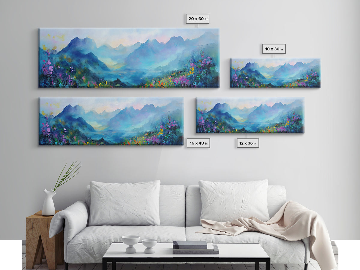 Alpine Sunrise Framed Canvas Print - Misty Mountain Wall Art, Nature Landscape Painting, Warm Toned Home Decor, Living Room Accent