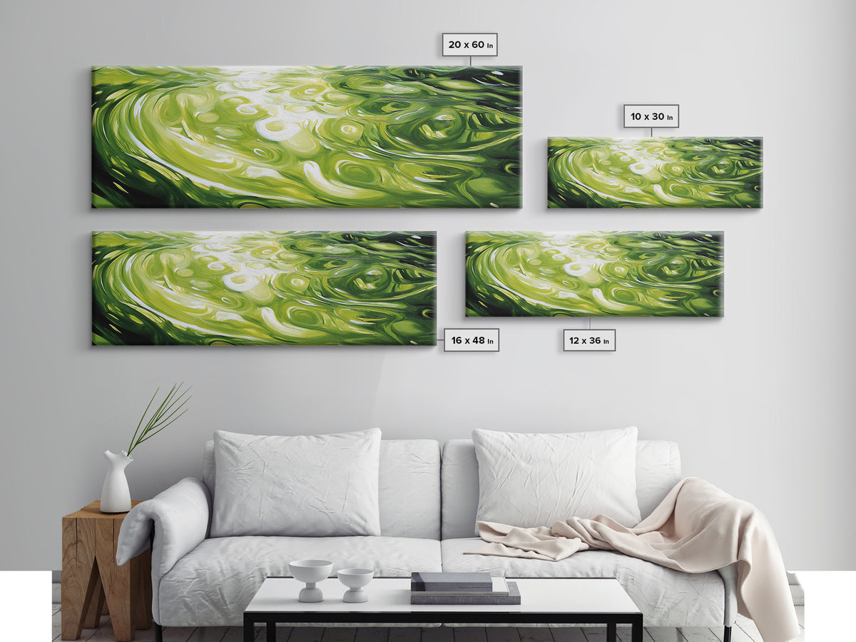 Abstract Green Swirl Painting, Modern Contemporary Wall Art, Nature Inspired Water Reflection, Trendy Office, Framed Canvas Print