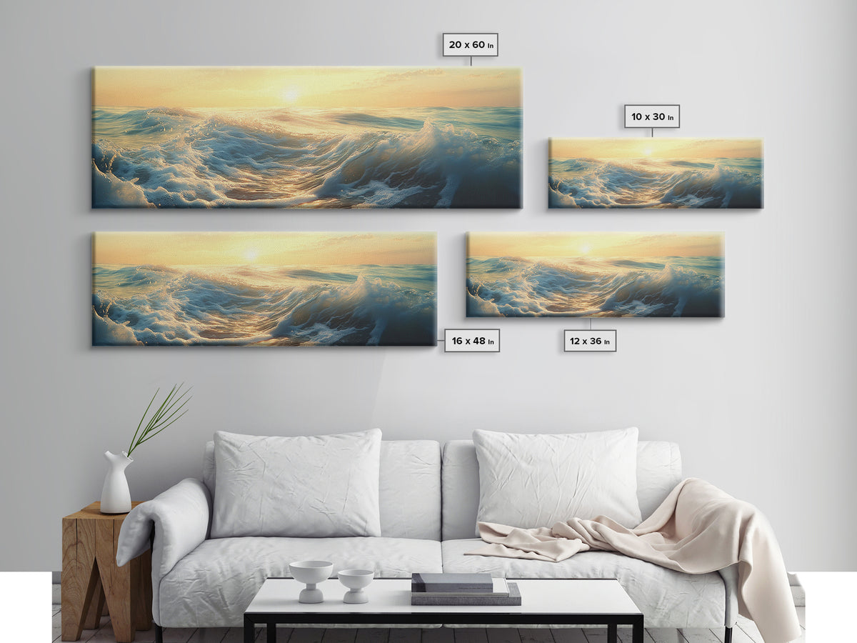 Ocean Sunset Canvas Print Coastal Waves Painting, Golden Horizon Seascape, Nautical Wall Decor, Beach House Art, Bedroom Wall Art