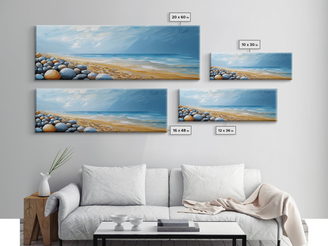 Pebble Beach Seascape Framed Canvas Print Coastal Landscape Wall Art, Serene Ocean Painting, Nautical Bathroom Decor, Minimalist Art