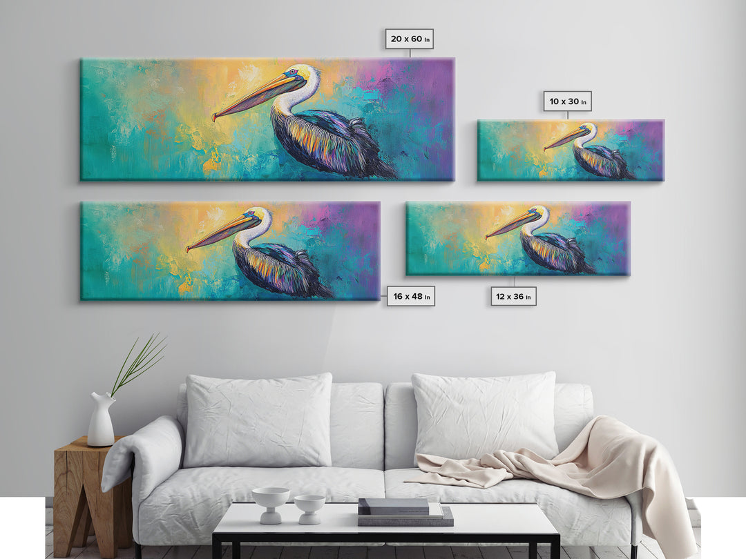 Pelican Abstract Framed Canvas Print Coastal Bird Wall Art, Vibrant Nautical Painting, Beach House Decor, Modern Wildlife Artwork