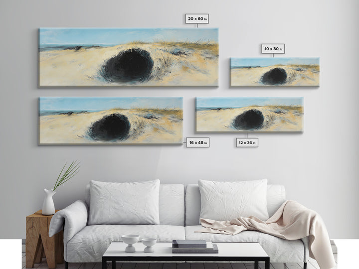 Desert Hole Mystery Framed Canvas Print - Surreal Sand Dune Painting, Minimalist Earthy Wall Art, Unique Living Space