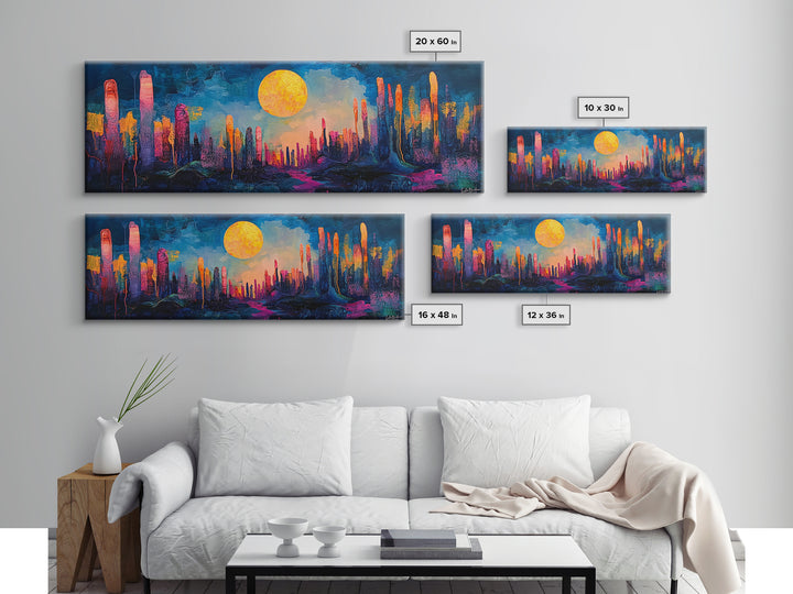 Neon Moon Fantasy Canvas Print - Vibrant Sci-Fi Cityscape Painting, Psychedelic Wall Art, Trippy Room Aesthetic, Urban Decor