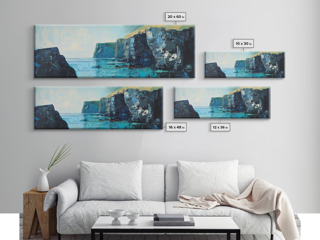 Coastal Cliffs Canvas Print Seascape Wall Art Ocean Waves Painting Nautical Decor Blue Tones Abstract Beach House Living Room Art