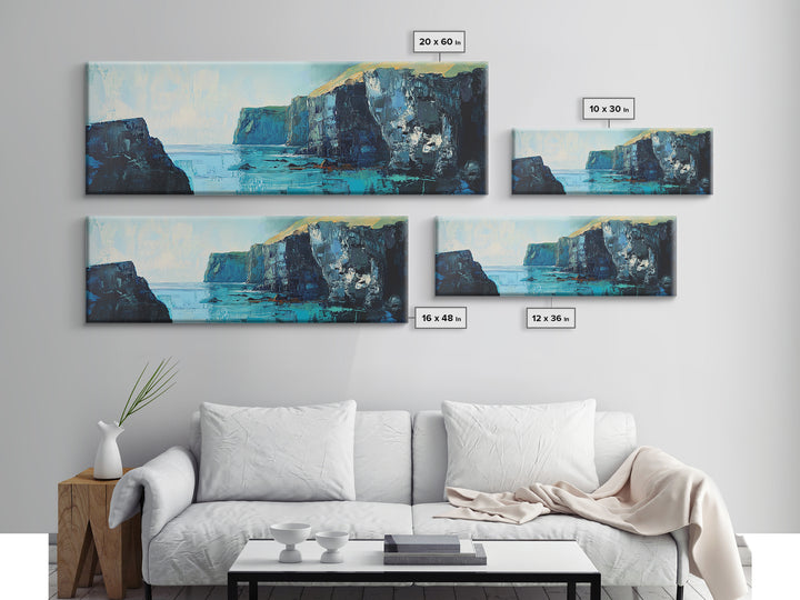 Coastal Cliffs Canvas Print Seascape Wall Art Ocean Waves Painting Nautical Decor Blue Tones Abstract Beach House Living Room Art
