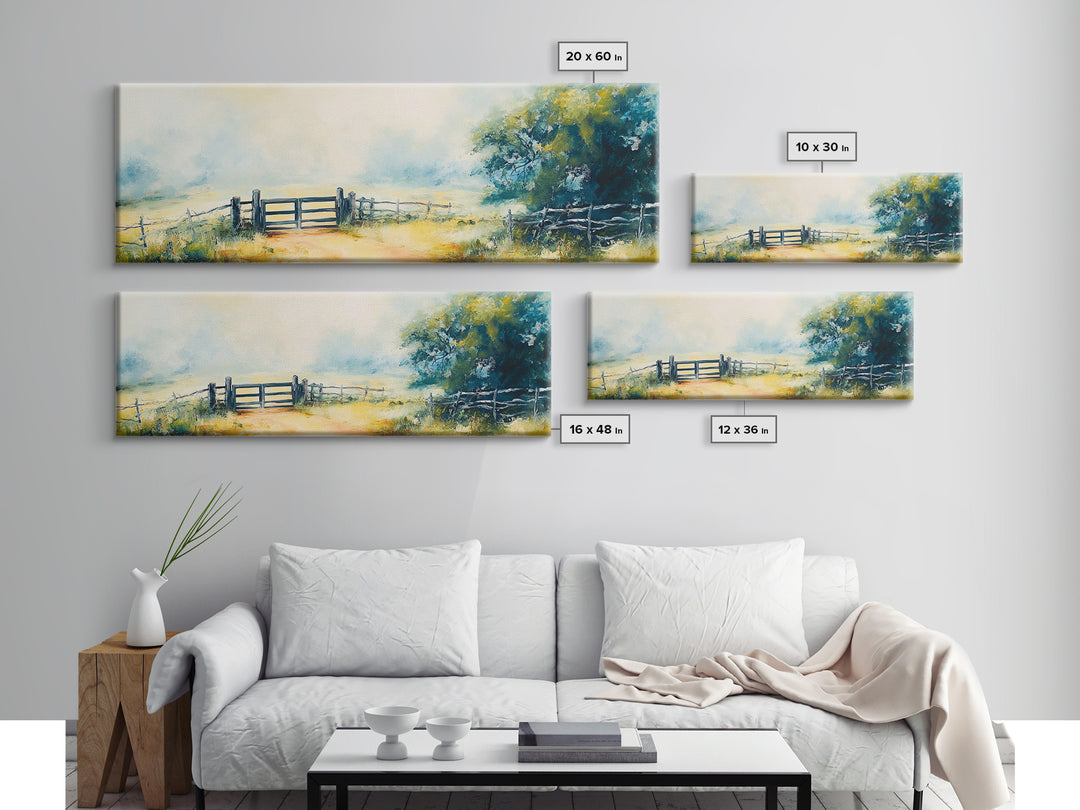 Country Gate Painting Rustic Farmhouse Landscape Art Tranquil Field Wall Decor Cozy Pastoral Artwork Entryway