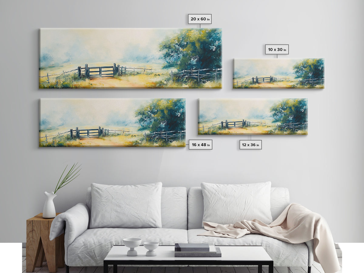 Country Gate Painting Rustic Farmhouse Landscape Art Tranquil Field Wall Decor Cozy Pastoral Artwork Entryway