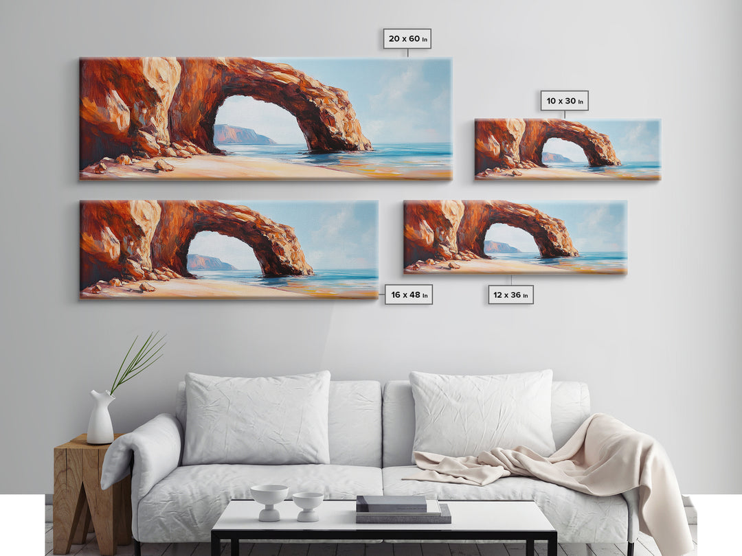 Natural Rock Arch Painting Coastal Cliff Seascape Wall Art Earthy Ocean Landscape Artwork Canvas Print Beach House Decor