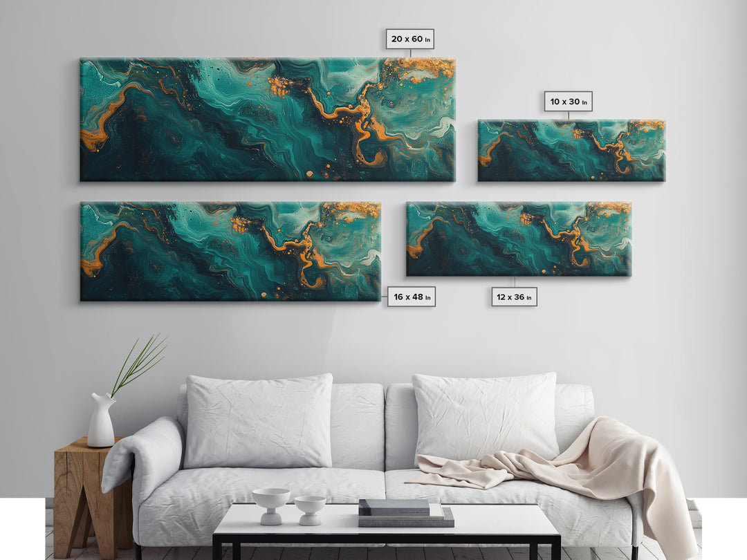 Abstract Fluid Painting Turquoise and Gold Swirl Wall Art Marble Aesthetic Artwork Luxury Modern Decor Dining Room