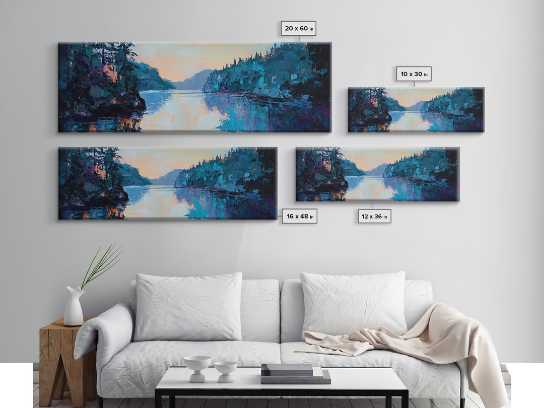 Twilight Lake Reflections Framed Canvas Print, Moody Landscape Painting, Dark Blue Nature Wall Art, Bedroom Art, Wilderness Artwork