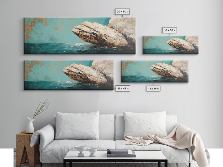 Coastal Rock Formation Framed Canvas Print, Ocean Cliff Painting, Nautical Wall Art, Beach House Decor, Textured Landscape Artwork