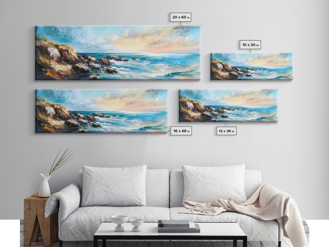 Rocky Ocean Shoreline Framed Canvas Print, Textured Seascape Painting, Beach House Wall Art, Coastal Living Room Decor, Wave Artwork