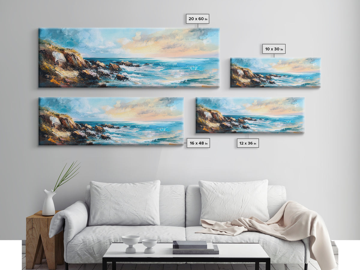 Rocky Ocean Shoreline Framed Canvas Print, Textured Seascape Painting, Beach House Wall Art, Coastal Living Room Decor, Wave Artwork