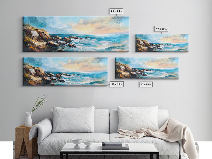 Rocky Ocean Shoreline Framed Canvas Print, Textured Seascape Painting, Beach House Wall Art, Coastal Living Room Decor, Wave Artwork