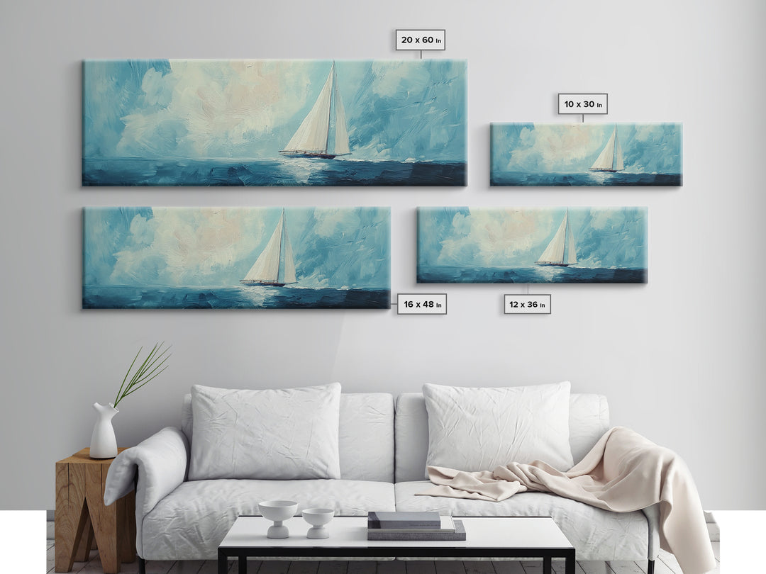 Sailboat on Open Sea Framed Canvas Print Nautical Wall Art, Ocean Painting, Coastal Home Decor, Minimalist Seascape, Beach House Art