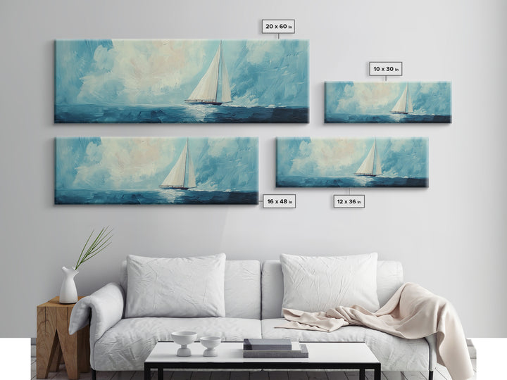 Sailboat on Open Sea Framed Canvas Print Nautical Wall Art, Ocean Painting, Coastal Home Decor, Minimalist Seascape, Beach House Art