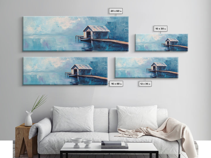Blue Boathouse Canvas Print Tranquil Lake Scene Wall Art Nautical Cabin Decor Coastal Painting Minimalist Blue Wall Art Living Room