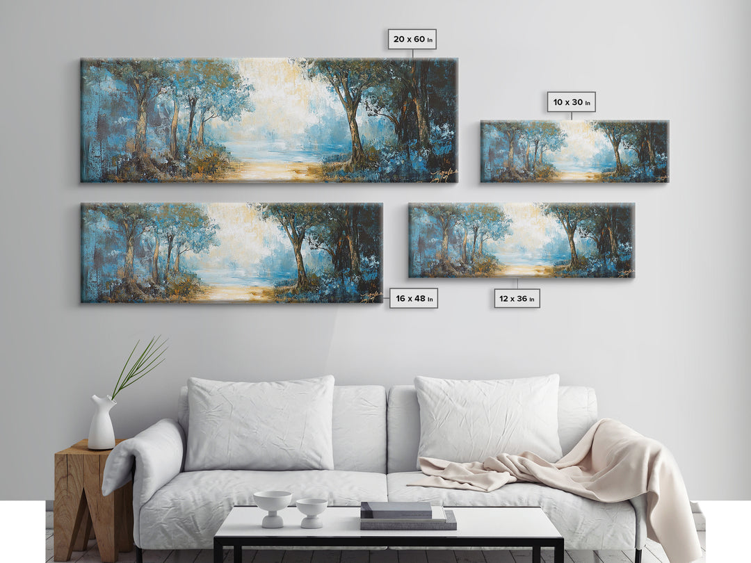 Blue Forest Path Framed Canvas Print Landscape Painting, Nature Inspired Wall Art, Rustic Home Decor, Modern Artwork