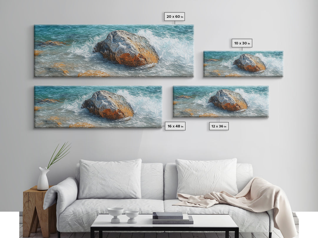 Ocean Rock Waves Framed Canvas Print Coastal Nature Wall Art, Beach Landscape Painting, Rustic Seascape Decor, Home Accent