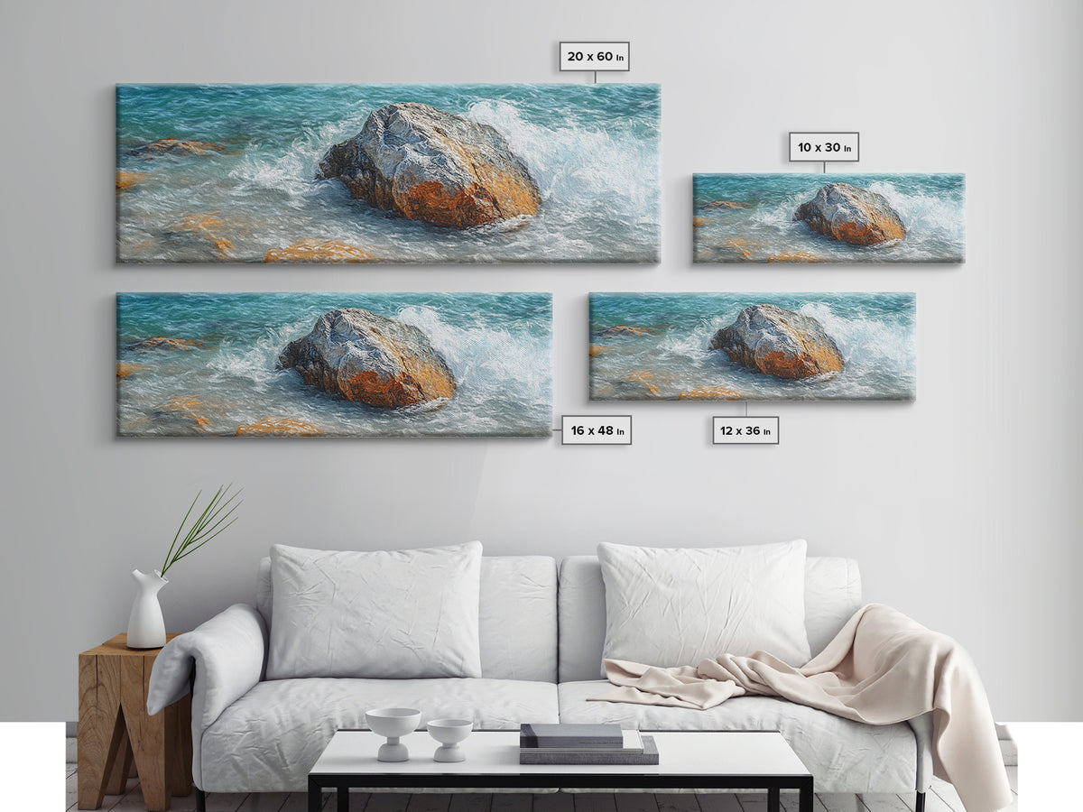 Ocean Rock Waves Framed Canvas Print Coastal Nature Wall Art, Beach Landscape Painting, Rustic Seascape Decor, Home Accent