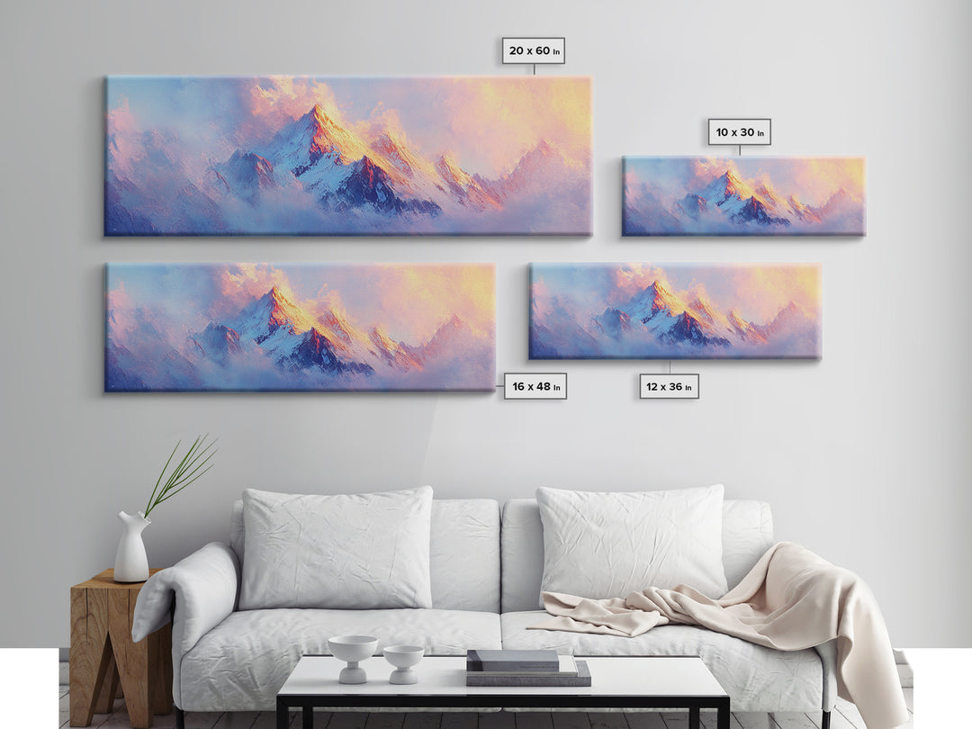 Dreamy Sunset Mountains Canvas Print Ethereal Landscape Art Pastel Sky Snowy Peaks Wall Decor Serene Bedroom Painting