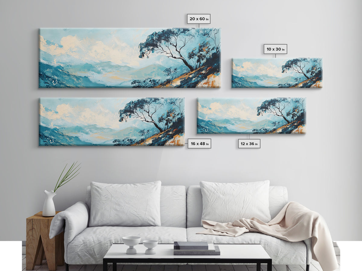Blue Mountains, Windswept Tree, Minimalist Wall Art, Canvas Print, Modern Landscape, Bedroom Decor, Serene Nature Painting, Abstract Art